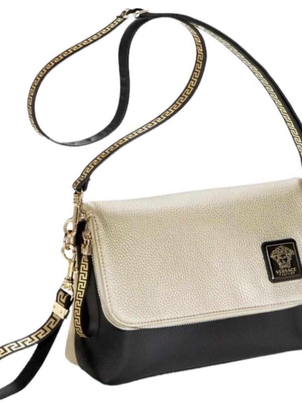 Versace Cream and Black Leather Crossbody with Gold Greek Key Strap
